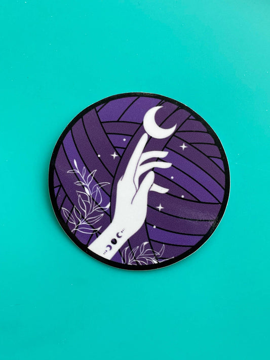 Vinyl Sticker - Delicate Hand and Moon Purple Yarn Ball Knit