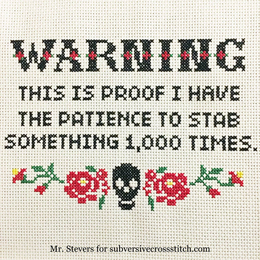 Cross-stitched design with skull and flowers and humorous text on a white background