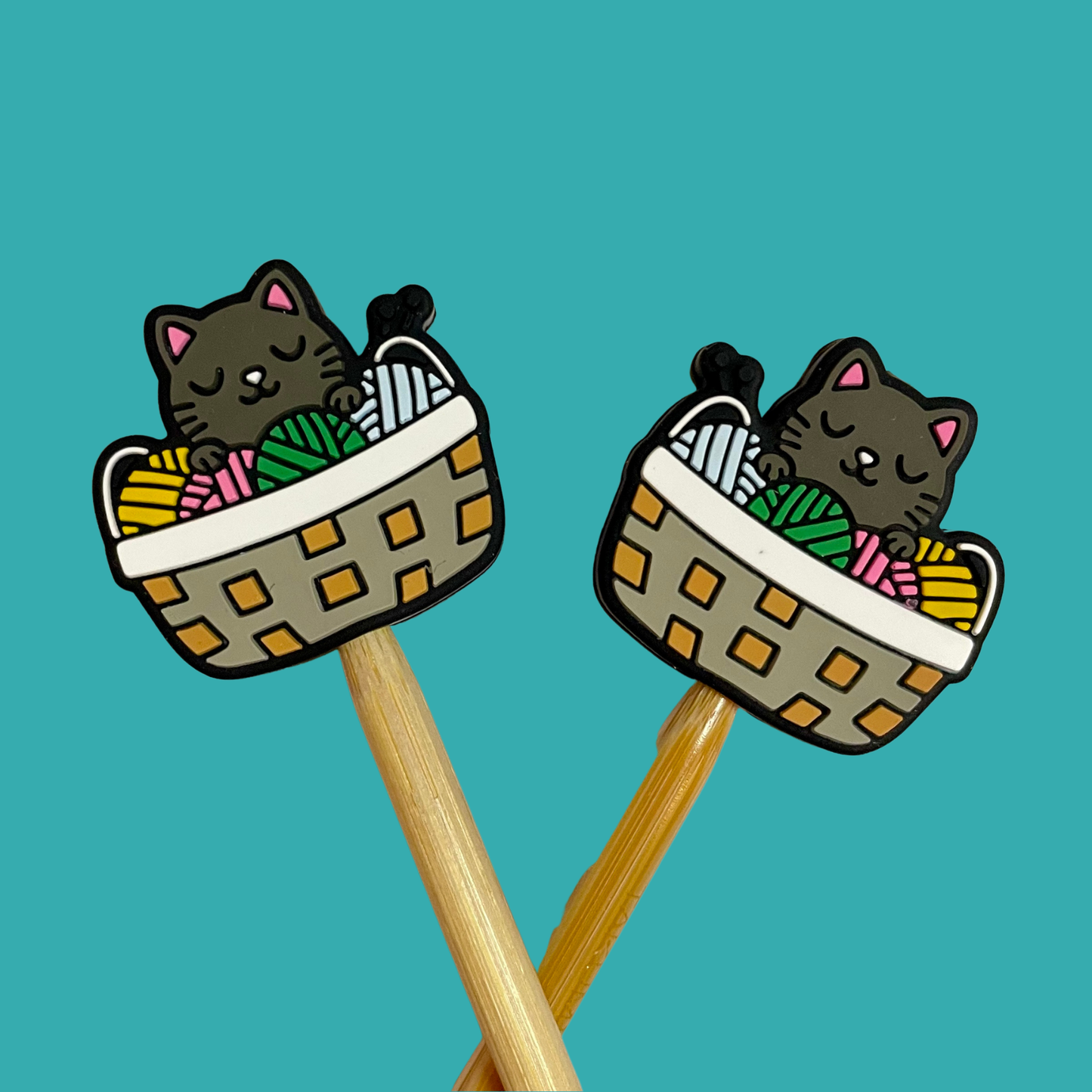 Grey Cat in Basket Knitting Needle Protectors