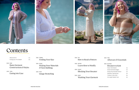 Collage of a person with pink hair in various knit tops by a body of water.