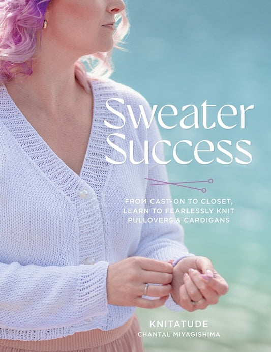 Book cover of 'Sweater Success' with a person wearing a lavender sweater against a blurred outdoor background.
