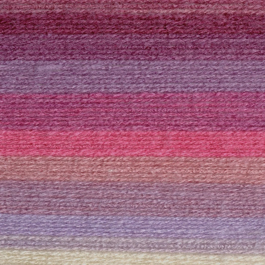 Close-up of multicolored yarn with purple and pink stripes.