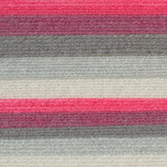 Close-up of yarn with pink, gray, and white stripes
